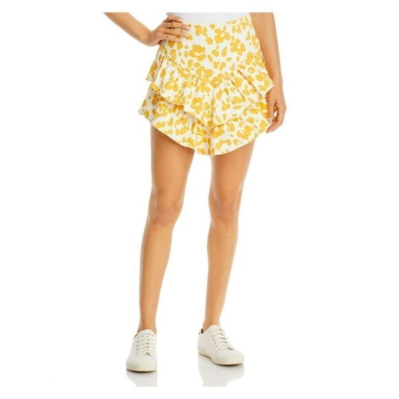 Mother The Ruffle Denim White and Yellow Leopard Print Mini Skirt Size 28 - Picture 1 of 9